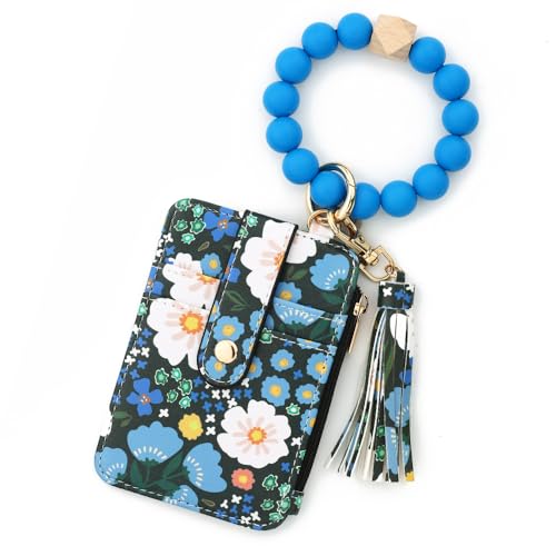 Women's Boho Beaded Wallet with Flower Pattern,Wristlet Wallet Keychain with Beaded Tassel Decoration (Dark Blue) von Generic