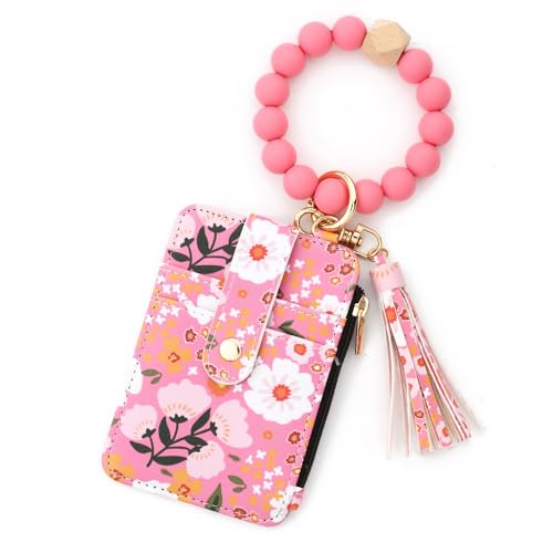 Women's Boho Beaded Wallet with Flower Pattern,Wristlet Wallet Keychain with Beaded Tassel Decoration (Dark Pink) von Generic