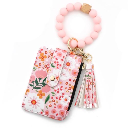 Women's Boho Beaded Wallet with Flower Pattern,Wristlet Wallet Keychain with Beaded Tassel Decoration (Light Pink) von Generic