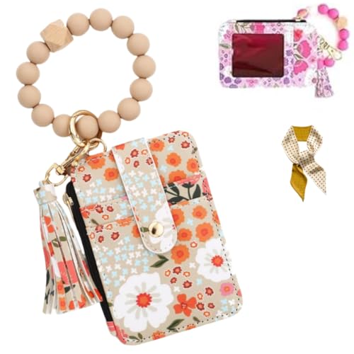 Women's Boho Style Beaded & Tassel Decorated Keychain with Flower Pattern Wallet,Cute Silicone Beaded Credit Card Holder (Khaki) von Generic