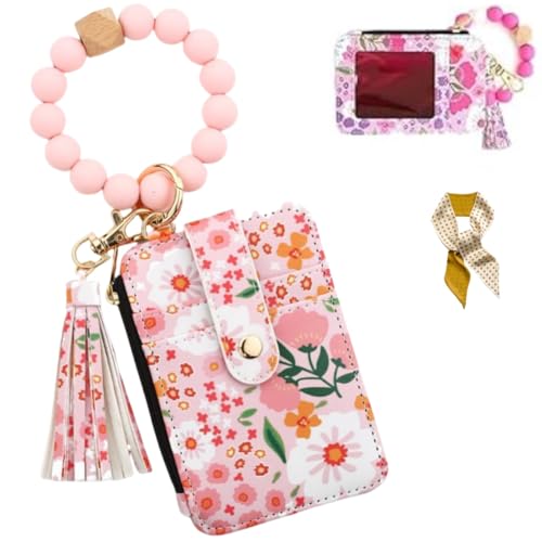 Women's Boho Style Beaded & Tassel Decorated Keychain with Flower Pattern Wallet,Cute Silicone Beaded Credit Card Holder (Light Pink) von Generic