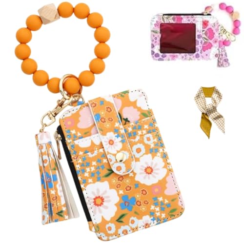 Women's Boho Style Beaded & Tassel Decorated Keychain with Flower Pattern Wallet,Cute Silicone Beaded Credit Card Holder (Yellow) von Generic