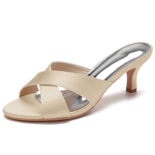Women's Bridal Dress Heeled Sandals Slip on Slingback Open Toe Satin Wedding Shoes Prom Party Dress Pumps,Champagne,42 EU von Generic