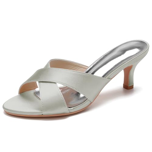 Women's Bridal Dress Heeled Sandals Slip on Slingback Open Toe Satin Wedding Shoes Prom Party Dress Pumps,Silber,43 EU von Generic