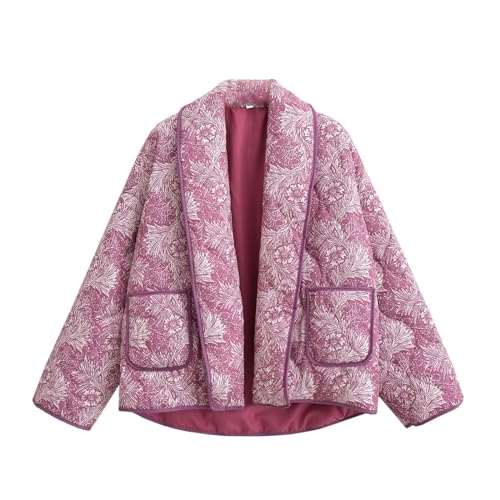 Women's Cropped Floral Quilted Jacket Cardigan Printed Lightweight Open Front Padded Puffer Coat (Pink, L) von Generic