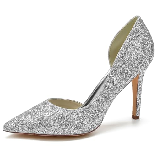 Women's Pointed Glitter Closed Toe Heel Pumps Stiletto Heels Slip on Elegant Pumps for Party Wedding,Silber,40 EU von Generic