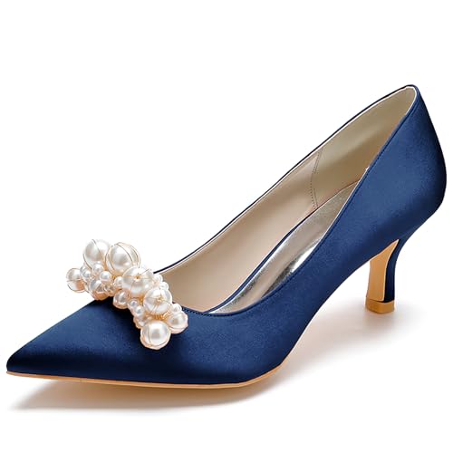 Women's Pointed Satin Toe Mid-Heel Pumps Pearl Accents Wedding Shoes Slip-On Elegant Dress Shoes,Dark Blue,40 EU von Generic