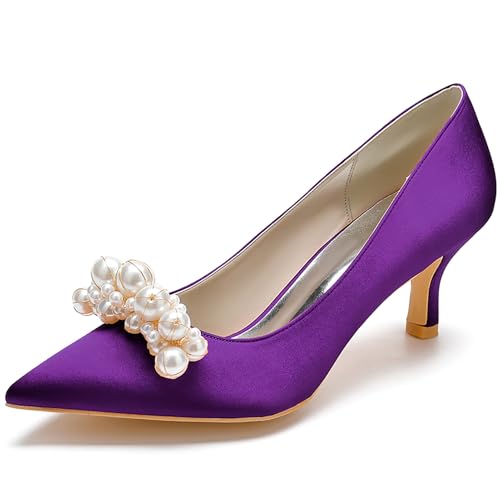 Women's Pointed Satin Toe Mid-Heel Pumps Pearl Accents Wedding Shoes Slip-On Elegant Dress Shoes,Dark Purple,35 EU von Generic