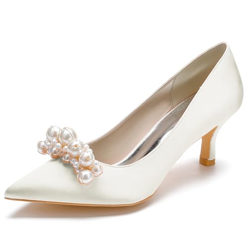 Women's Pointed Satin Toe Mid-Heel Pumps Pearl Accents Wedding Shoes Slip-On Elegant Dress Shoes,Elfenbein,36 EU von Generic