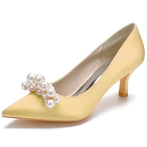 Women's Pointed Satin Toe Mid-Heel Pumps Pearl Accents Wedding Shoes Slip-On Elegant Dress Shoes,Gold,35 EU von Generic