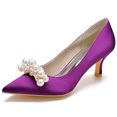 Women's Pointed Satin Toe Mid-Heel Pumps Pearl Accents Wedding Shoes Slip-On Elegant Dress Shoes,Lila,39 EU von Generic