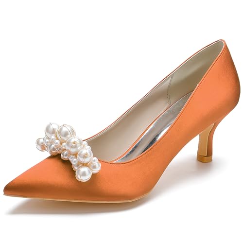 Women's Pointed Satin Toe Mid-Heel Pumps Pearl Accents Wedding Shoes Slip-On Elegant Dress Shoes,Orange,40 EU von Generic