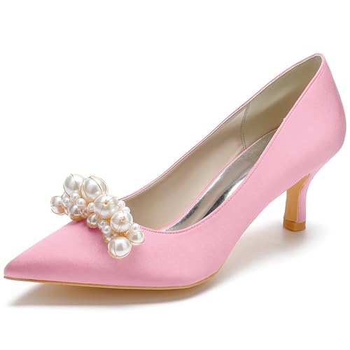 Women's Pointed Satin Toe Mid-Heel Pumps Pearl Accents Wedding Shoes Slip-On Elegant Dress Shoes,Rosa,39 EU von Generic