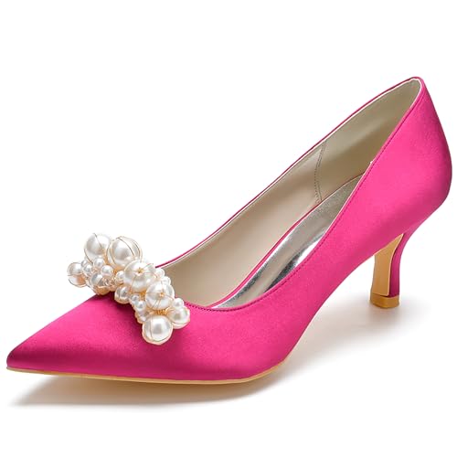 Women's Pointed Satin Toe Mid-Heel Pumps Pearl Accents Wedding Shoes Slip-On Elegant Dress Shoes,Rose red,37 EU von Generic