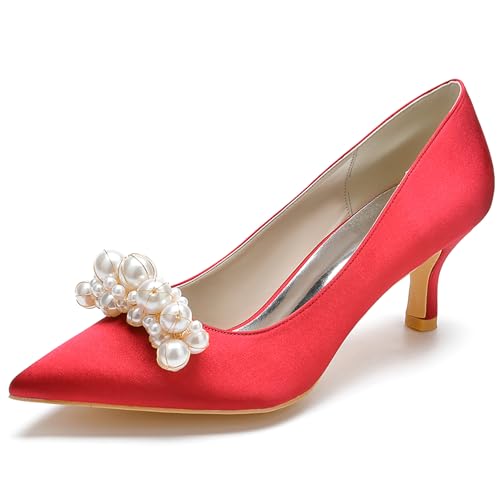 Women's Pointed Satin Toe Mid-Heel Pumps Pearl Accents Wedding Shoes Slip-On Elegant Dress Shoes,Rot,37 EU von Generic