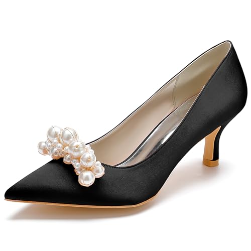 Women's Pointed Satin Toe Mid-Heel Pumps Pearl Accents Wedding Shoes Slip-On Elegant Dress Shoes,Schwarz,35 EU von Generic