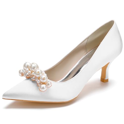 Women's Pointed Satin Toe Mid-Heel Pumps Pearl Accents Wedding Shoes Slip-On Elegant Dress Shoes,Weiß,42 EU von Generic