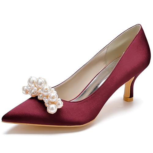 Women's Pointed Satin Toe Mid-Heel Pumps Pearl Accents Wedding Shoes Slip-On Elegant Dress Shoes,Wine red,41 EU von Generic