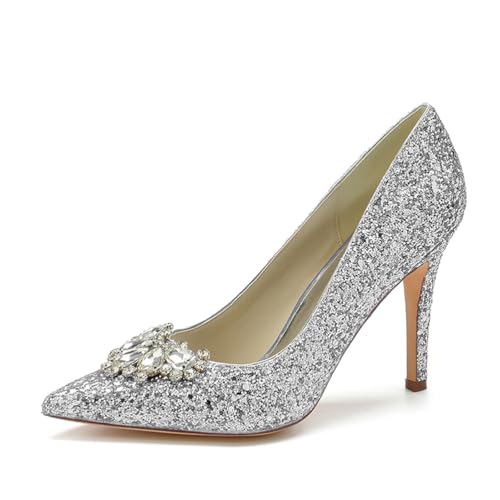 Women's Rhinestone Embellished Closed Toe Heel Pumps Slip Pointed Glitter Formal Pumps for Wedding Evening Events,Silber,38 EU von Generic