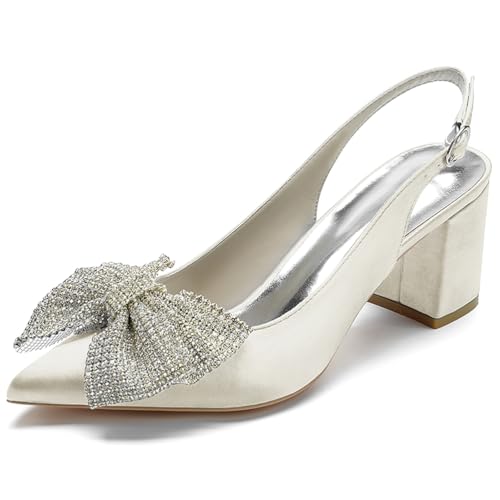 Women's Satin Pointed Toe Block Heel Slingback Pumps Rhinestone Bow Mid Heel Dress Shoes,Elfenbein,43 EU von Generic