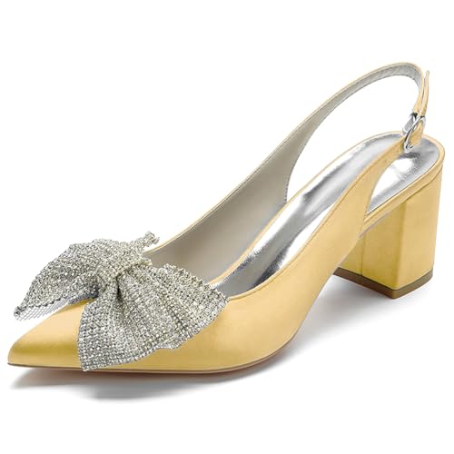 Women's Satin Pointed Toe Block Heel Slingback Pumps Rhinestone Bow Mid Heel Dress Shoes,Gold,40 EU von Generic