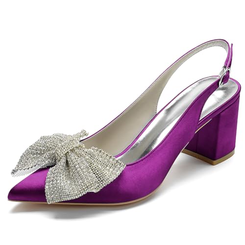 Women's Satin Pointed Toe Block Heel Slingback Pumps Rhinestone Bow Mid Heel Dress Shoes,Lila,42 EU von Generic