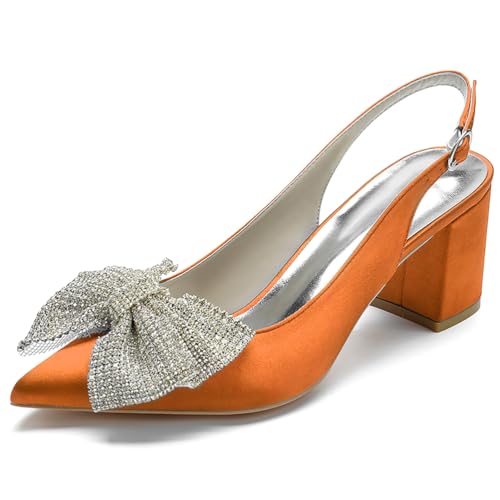 Women's Satin Pointed Toe Block Heel Slingback Pumps Rhinestone Bow Mid Heel Dress Shoes,Orange,40 EU von Generic