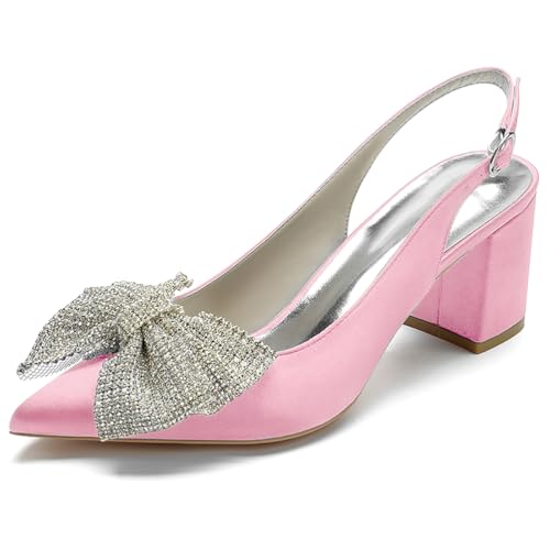 Women's Satin Pointed Toe Block Heel Slingback Pumps Rhinestone Bow Mid Heel Dress Shoes,Rosa,41 EU von Generic