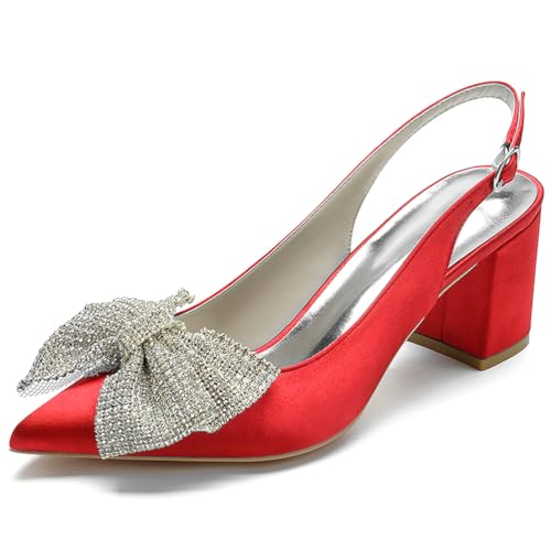 Women's Satin Pointed Toe Block Heel Slingback Pumps Rhinestone Bow Mid Heel Dress Shoes,Rot,38 EU von Generic