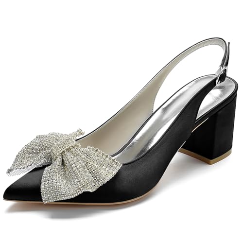 Women's Satin Pointed Toe Block Heel Slingback Pumps Rhinestone Bow Mid Heel Dress Shoes,Schwarz,38 EU von Generic