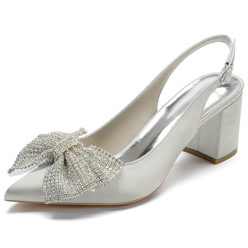 Women's Satin Pointed Toe Block Heel Slingback Pumps Rhinestone Bow Mid Heel Dress Shoes,Silber,38 EU von Generic