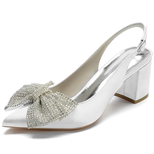 Women's Satin Pointed Toe Block Heel Slingback Pumps Rhinestone Bow Mid Heel Dress Shoes,Weiß,43 EU von Generic