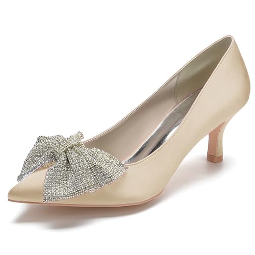 Women's Satin Pointed Toe Pumps with Bowknot Embellishment Kitten Heel Dress Shoes for Formal Occasions,Champagne,39 EU von Generic