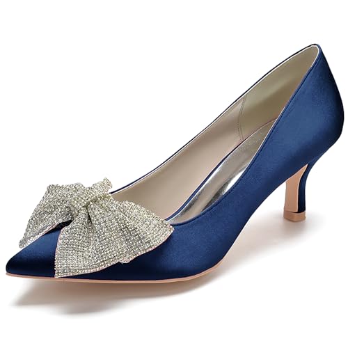 Women's Satin Pointed Toe Pumps with Bowknot Embellishment Kitten Heel Dress Shoes for Formal Occasions,Dark Blue,35 EU von Generic