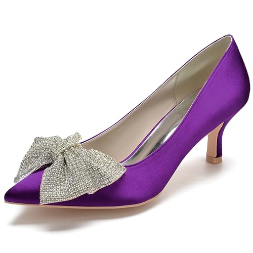 Women's Satin Pointed Toe Pumps with Bowknot Embellishment Kitten Heel Dress Shoes for Formal Occasions,Dark Purple,37 EU von Generic