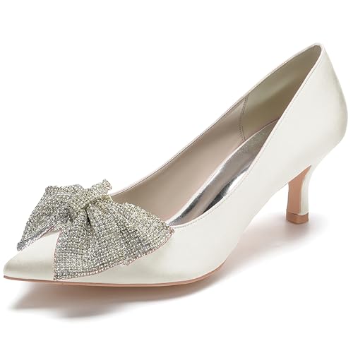 Women's Satin Pointed Toe Pumps with Bowknot Embellishment Kitten Heel Dress Shoes for Formal Occasions,Elfenbein,36 EU von Generic