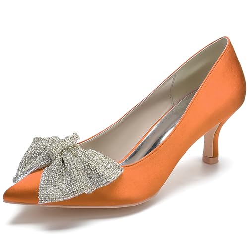 Women's Satin Pointed Toe Pumps with Bowknot Embellishment Kitten Heel Dress Shoes for Formal Occasions,Orange,35 EU von Generic