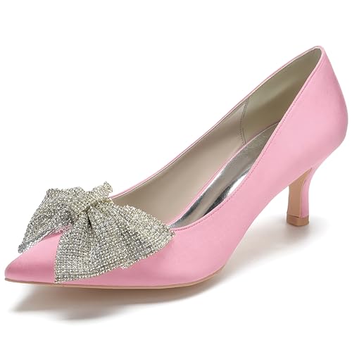 Women's Satin Pointed Toe Pumps with Bowknot Embellishment Kitten Heel Dress Shoes for Formal Occasions,Rosa,36 EU von Generic