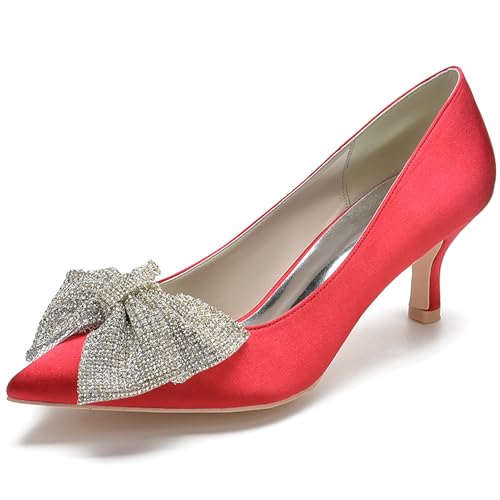 Women's Satin Pointed Toe Pumps with Bowknot Embellishment Kitten Heel Dress Shoes for Formal Occasions,Rot,42 EU von Generic