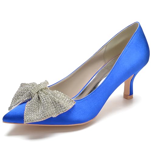 Women's Satin Pointed Toe Pumps with Bowknot Embellishment Kitten Heel Dress Shoes for Formal Occasions,Royal Blue,35 EU von Generic