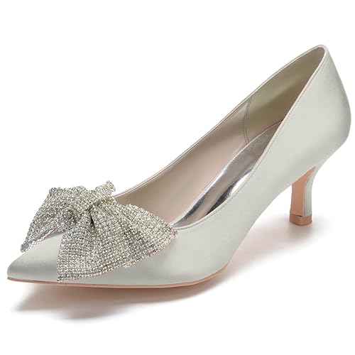 Women's Satin Pointed Toe Pumps with Bowknot Embellishment Kitten Heel Dress Shoes for Formal Occasions,Silber,39 EU von Generic