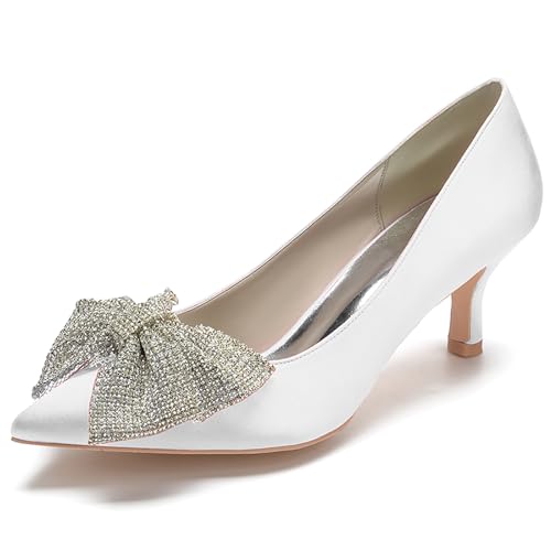 Women's Satin Pointed Toe Pumps with Bowknot Embellishment Kitten Heel Dress Shoes for Formal Occasions,Weiß,39 EU von Generic