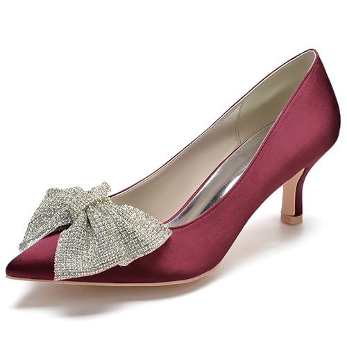 Women's Satin Pointed Toe Pumps with Bowknot Embellishment Kitten Heel Dress Shoes for Formal Occasions,Wine red,38 EU von Generic