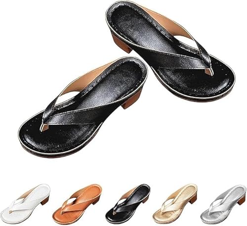 Women's Solid Color Summer Chunky Heel Sandals, Slip on Open Toe Square Toe Comfortable Heeled Sandals, Summer Flip Flop Heels (Black,39) von Generic