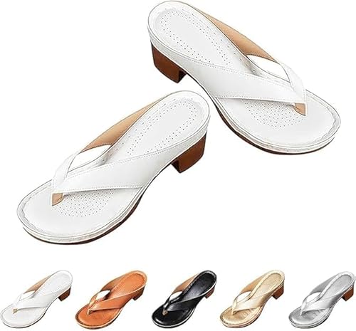 Women's Solid Color Summer Chunky Heel Sandals, Slip on Open Toe Square Toe Comfortable Heeled Sandals, Summer Flip Flop Heels (White,39) von Generic