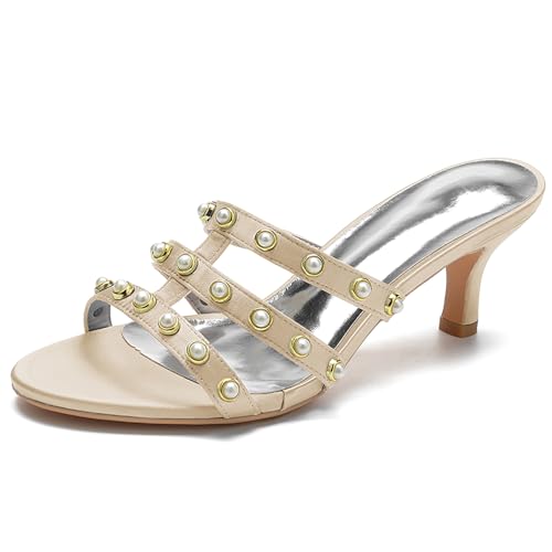 Women's Strappy Mules Sandals Pearl Embellishments Slip-On Open Toe High Heel Party Sandals Evening,Champagne,35 EU von Generic