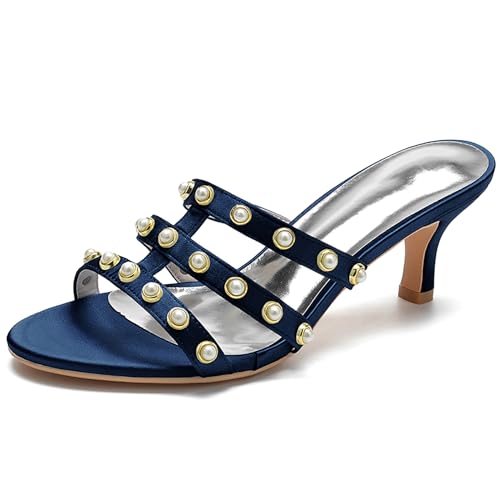 Women's Strappy Mules Sandals Pearl Embellishments Slip-On Open Toe High Heel Party Sandals Evening,Dark Blue,41 EU von Generic