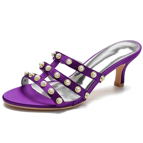 Women's Strappy Mules Sandals Pearl Embellishments Slip-On Open Toe High Heel Party Sandals Evening,Dark Purple,42 EU von Generic