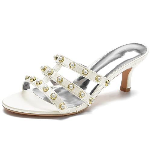Women's Strappy Mules Sandals Pearl Embellishments Slip-On Open Toe High Heel Party Sandals Evening,Elfenbein,35 EU von Generic