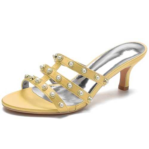 Women's Strappy Mules Sandals Pearl Embellishments Slip-On Open Toe High Heel Party Sandals Evening,Gold,38 EU von Generic